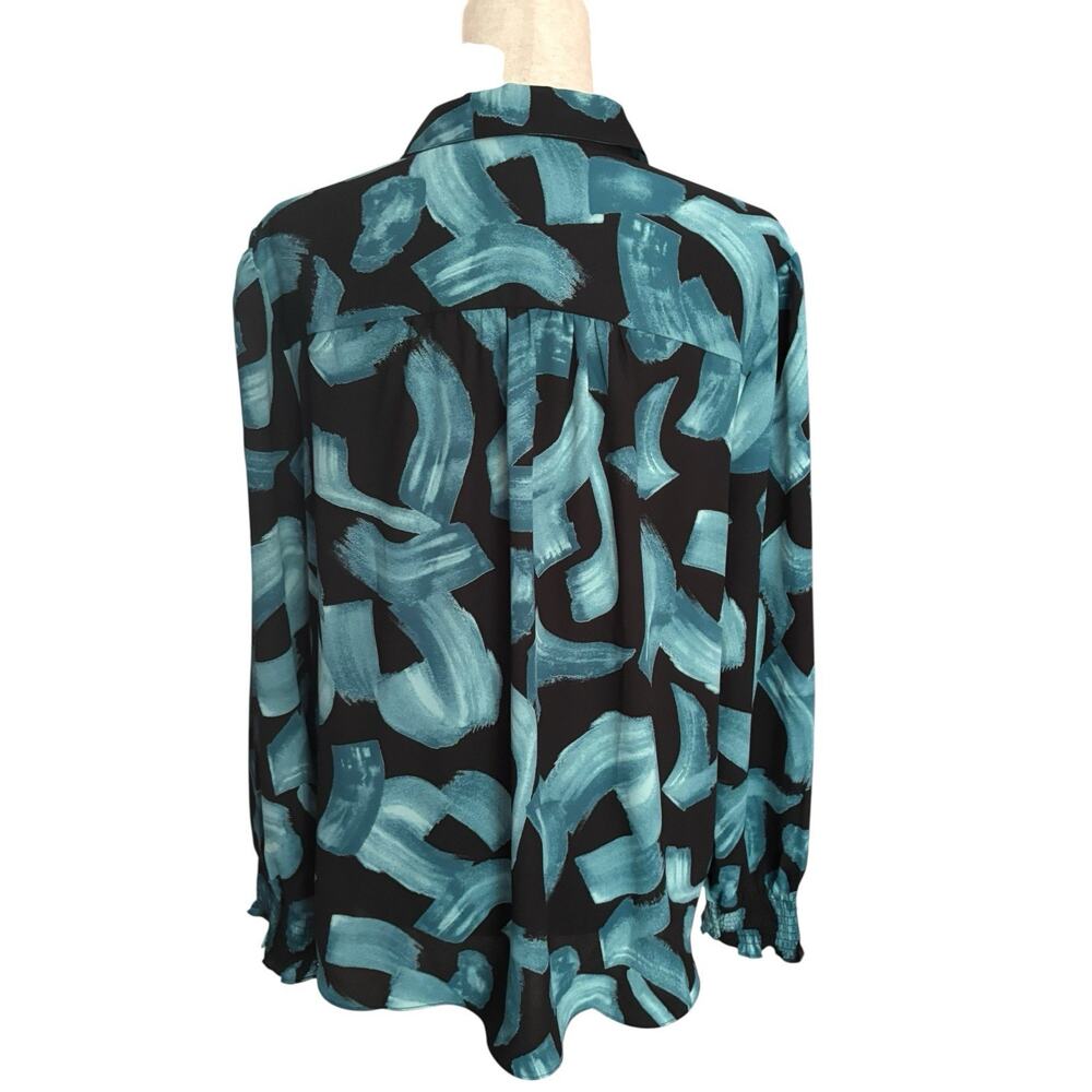 Chicos Size 3, XL Painted Brushstroke Long Sleeve Blouse Smocked Cuff Teal - Picture 5 of 7